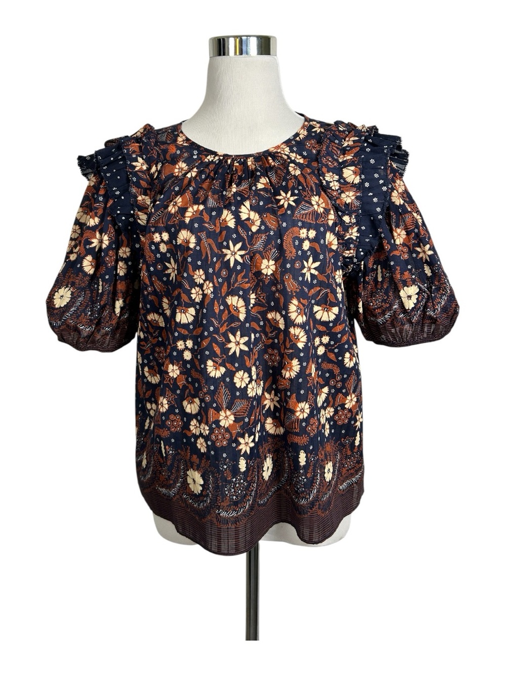 Ulla Johnson Arbor Ruffled Puff Sleeve Floral Top Midnight Blue